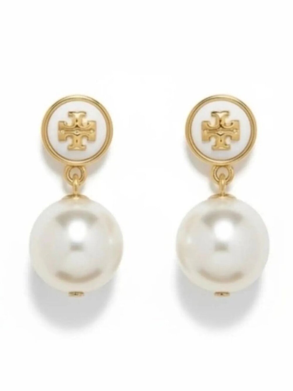 Tory Burch Pearl Drop Earrings Gold Tone Double T Logo Classic Designer Jewelry